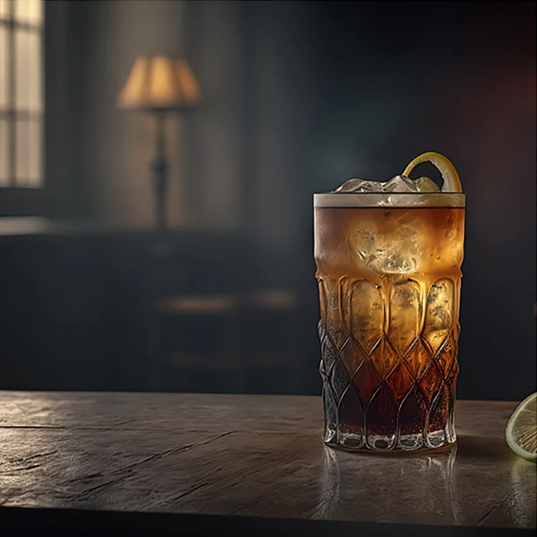 En stämningsfull alkoholfri Dark & Stormy mocktail gjord på Gnista Barreled Oak, serverad med is och citrusgarnering i ett mönstrat highballglas på en rustik träbardisk.