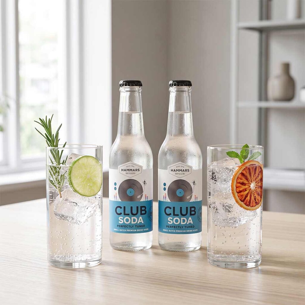 Hammars Bryggeri Club Soda i glasflaskor tillsammans med serverade drinkar med is, lime och örter