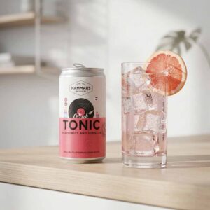 Hammars Bryggeri Pink Tonic Grapefruit & Hibiscus 250 ml burk bredvid ett drinkglas med is och rosa grapefrukt