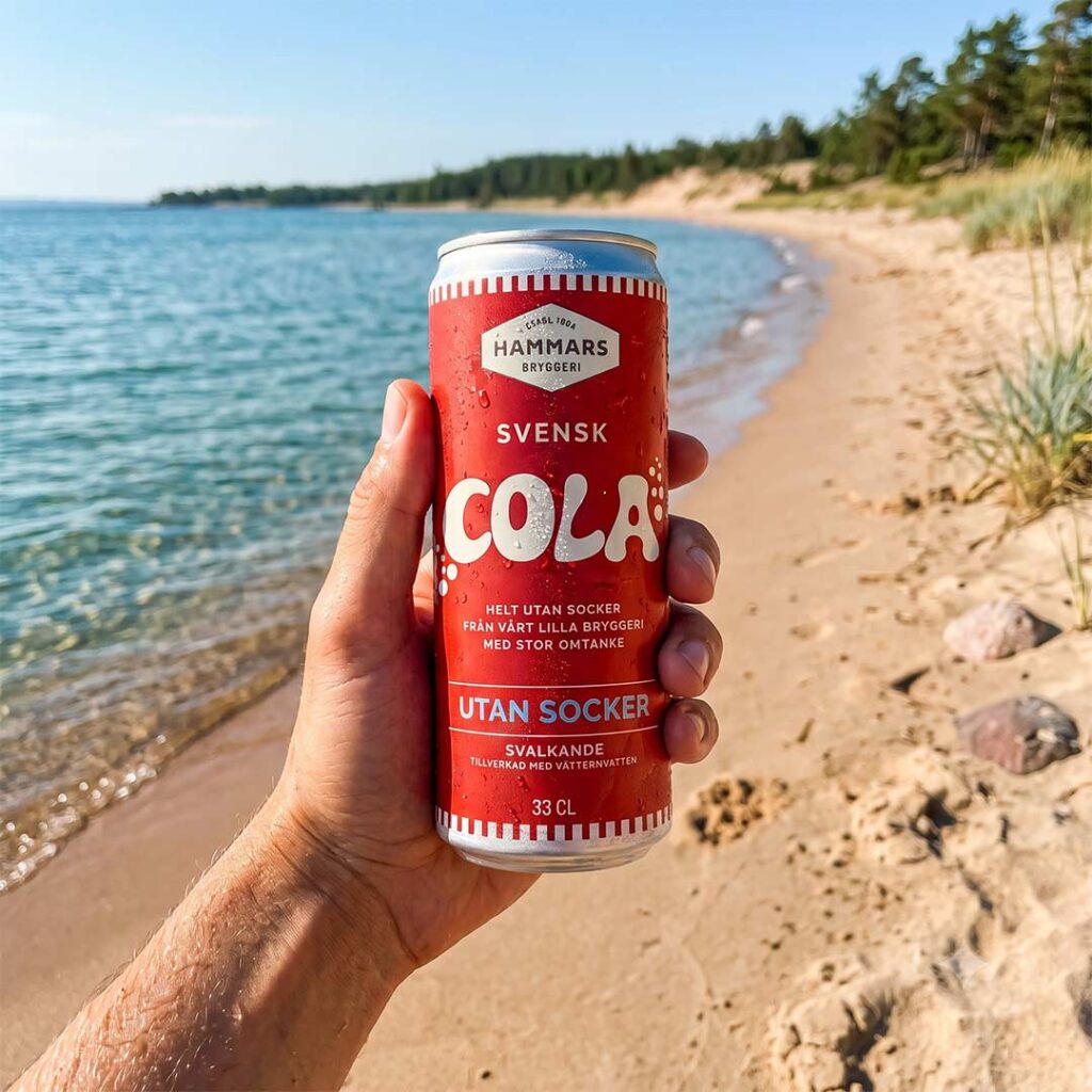 Hand som håller en burk Hammars Bryggeri Svensk Cola Utan Socker på en strand vid Vättern