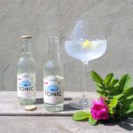 Hammars Bryggeri Tonic Citrus Rose Hip Læsø Salt glasflaskor bredvid Gin och Tonic i kupaglas med nyponros