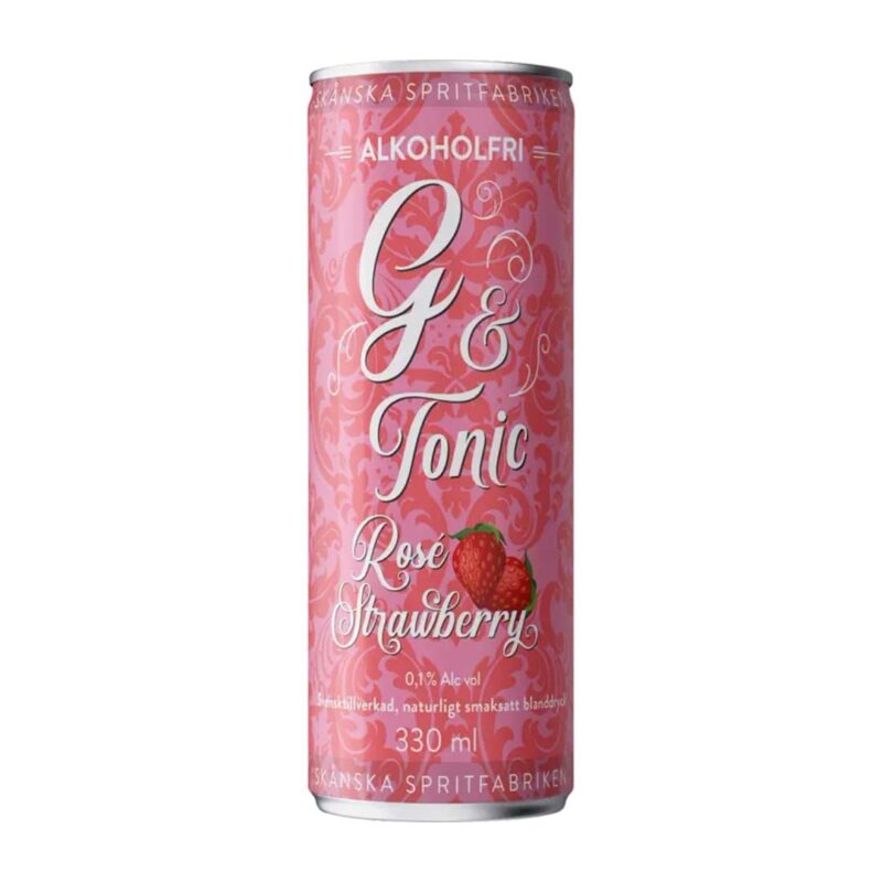 Skånska Spritfabriken Alkoholfri G & Tonic Rosé Strawberry 330 ml burk - frilagd produktbild