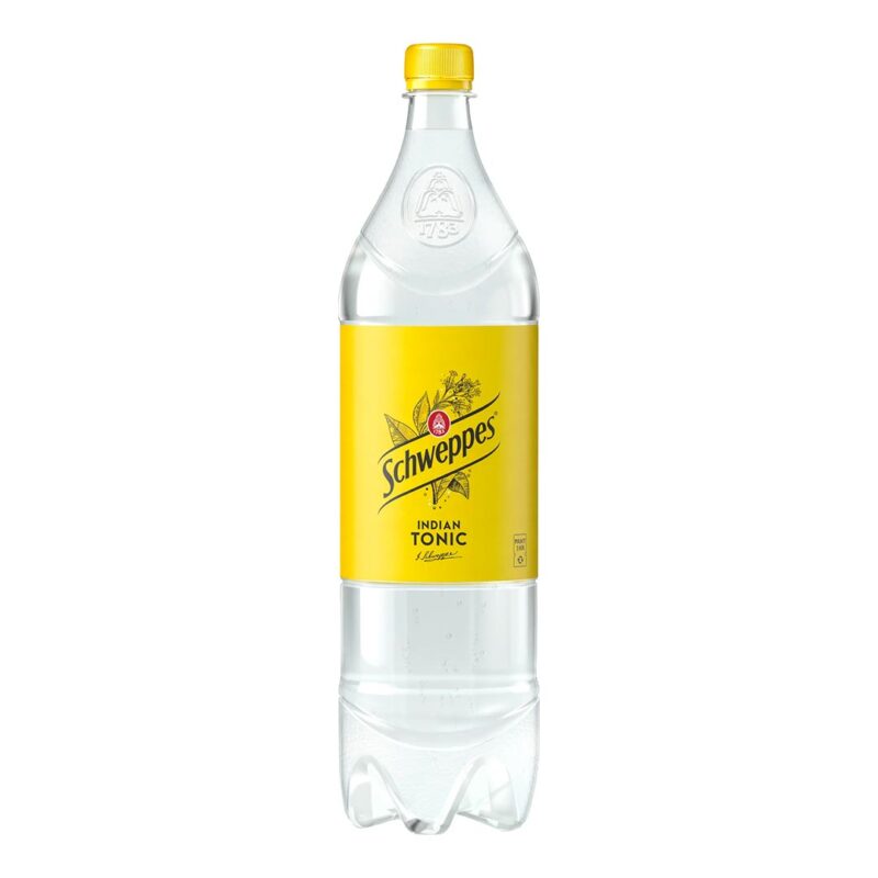 schweppes-indian-tonic-1-5l En 1,5 liters plastflaska med Schweppes Indian Tonic mot en vit bakgrund.